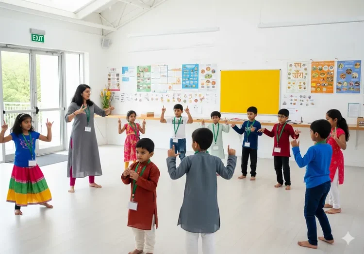 Students and Teacher playing game during Samskritam class.
